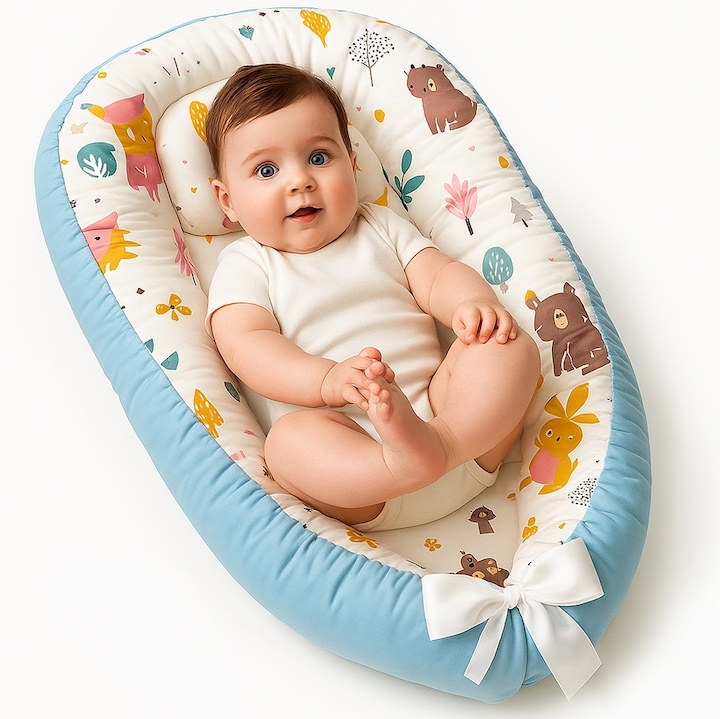 Cosulet Bebelusi pentru Dormit tip Baby Nest, Linomag®, cu Doua Fete, 0-24 Luni, 90x55cm, Husa Bumbac, Confort & Siguranta, Alb/Blue sky
