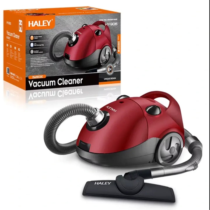 Aspirator cu Sac HALEY® HY-906, 2800W, Putere Aspirare 500W, Sistem Filtrare Multipla, Capacitate Sac 2.0L, Rosu