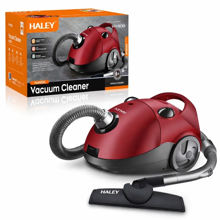 Aspirator cu Sac HALEY® HY-906, 2800W, Putere Aspirare 500W, Sistem Filtrare Multipla, Capacitate Sac 2.0L, Rosu