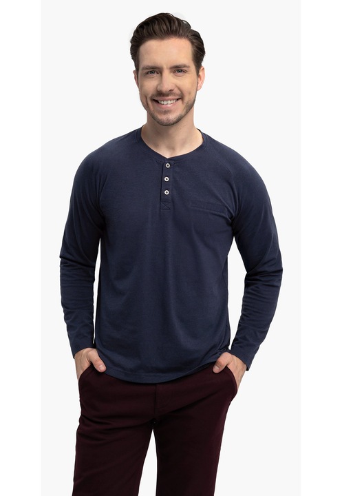 Tricou cu maneca lunga barbati Volcano L-Charl, cu decolteu cu nasturi, regular fit, bleumarin, Albastru marin/Bleumarin melange/Bleumarin
