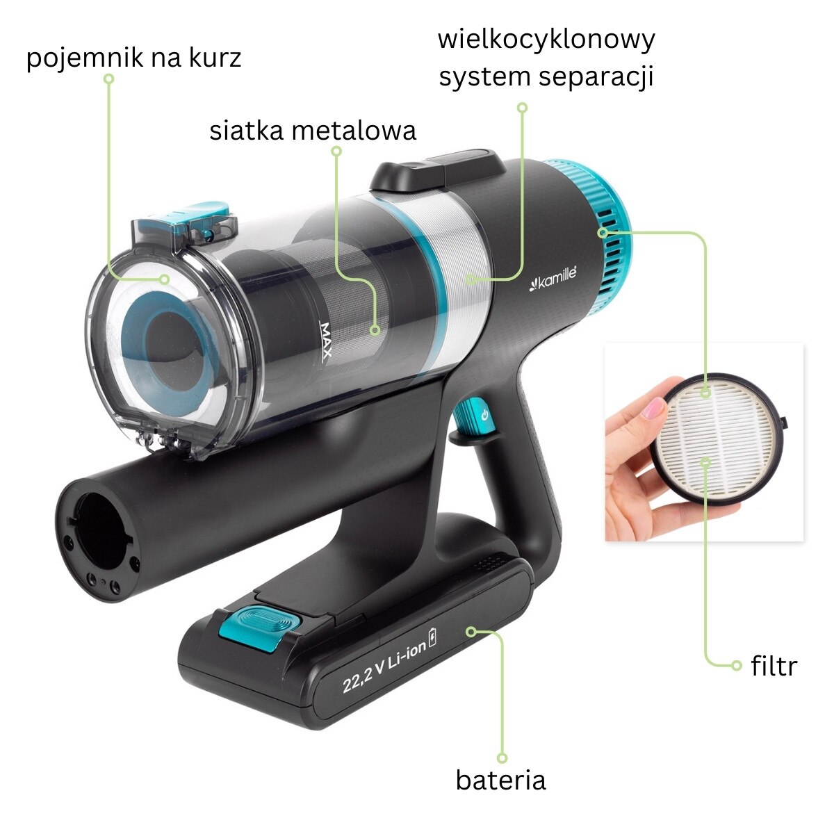 Aspirator Vertical 3 in 1 Kamille KM6901, Fara Fir, 135W, 45 min Autonomie, Lumina detectoare Praf, Filtru HEPA, Acumulator 22.2V