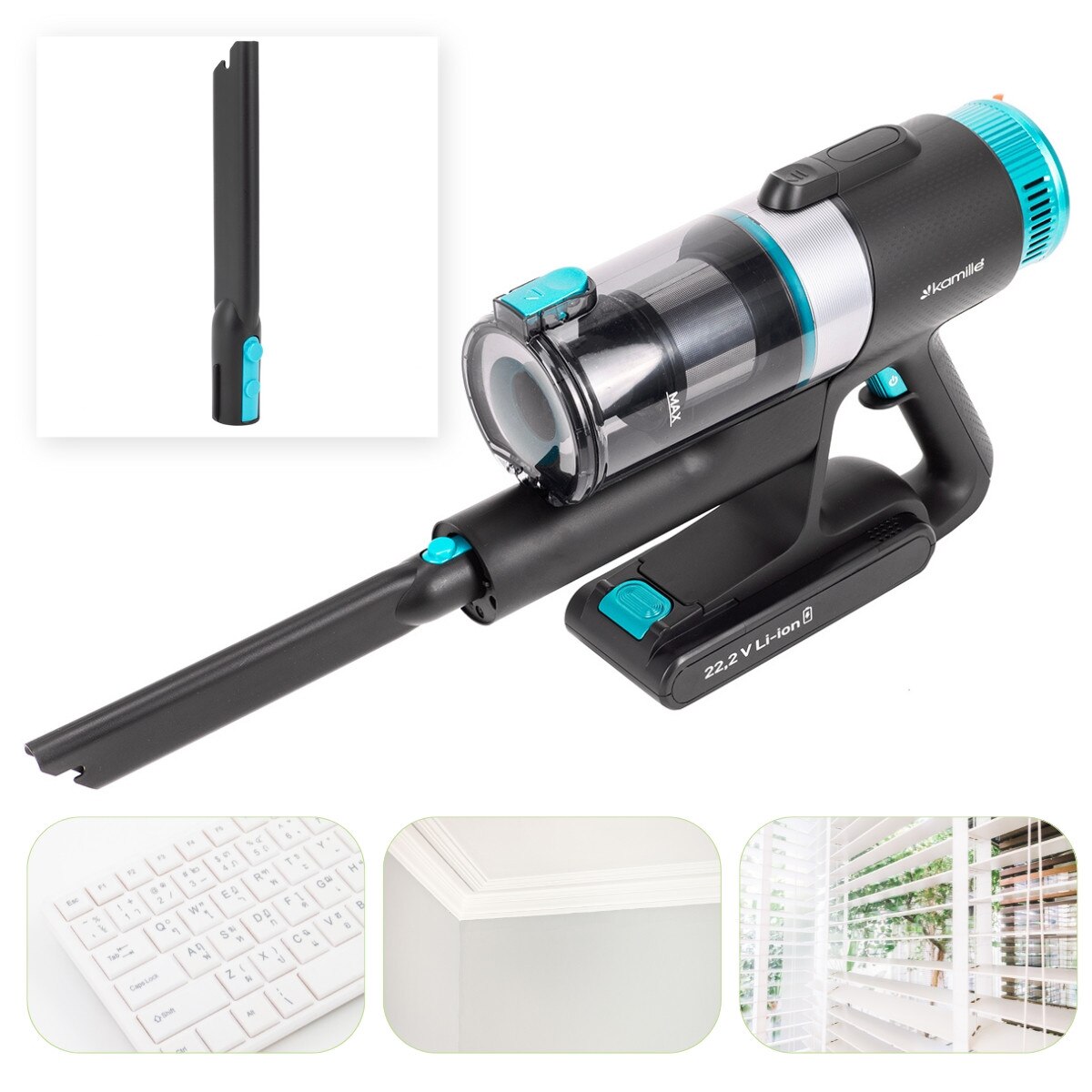 Aspirator Vertical 3 in 1 Kamille KM6901, Fara Fir, 135W, 45 min Autonomie, Lumina detectoare Praf, Filtru HEPA, Acumulator 22.2V