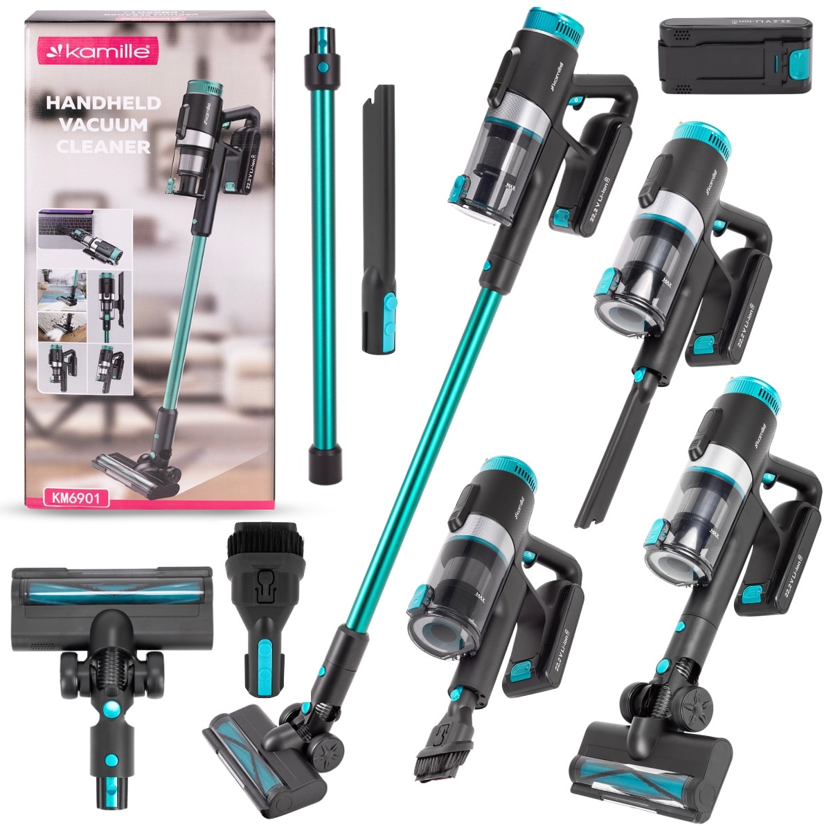 Aspirator Vertical 3 in 1 Kamille KM6901, Fara Fir, 135W, 45 min Autonomie, Lumina detectoare Praf, Filtru HEPA, Acumulator 22.2V