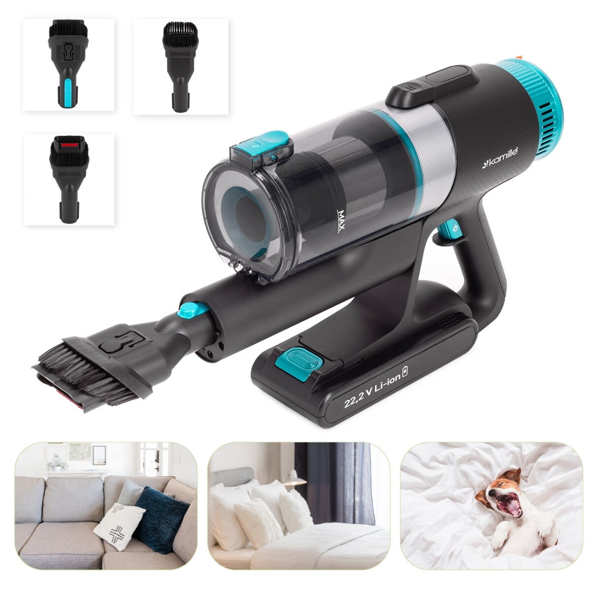 Aspirator Vertical 3 in 1 Kamille KM6901, Fara Fir, 135W, 45 min Autonomie, Lumina detectoare Praf, Filtru HEPA, Acumulator 22.2V