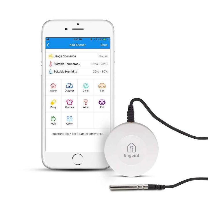 Bluetooth hőmérséklet- és páratartalom-érzékelő, IBS-TH1, külső szondával, fehér, 9.5x2.6cm, szett