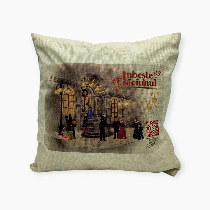 Perna decorativa Iubeste Craciunul (model colectie 8), QR cu poveste audio/video pentru copii de Craciun, 40x40 cm