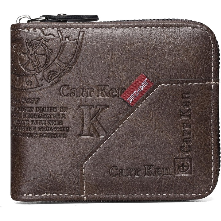 Férfi pénztárca valódi bőrből, RFID cipzáras kétrészes, személyi igazolvány ablak, hitelkártya, érme, fénykép tartó, több kártyatartó hely, 11,5x10x2,5 cm, barna