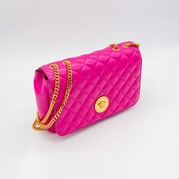 Чанта Versace Pink, естествена кожа, златна верижка Medusa, през рамо