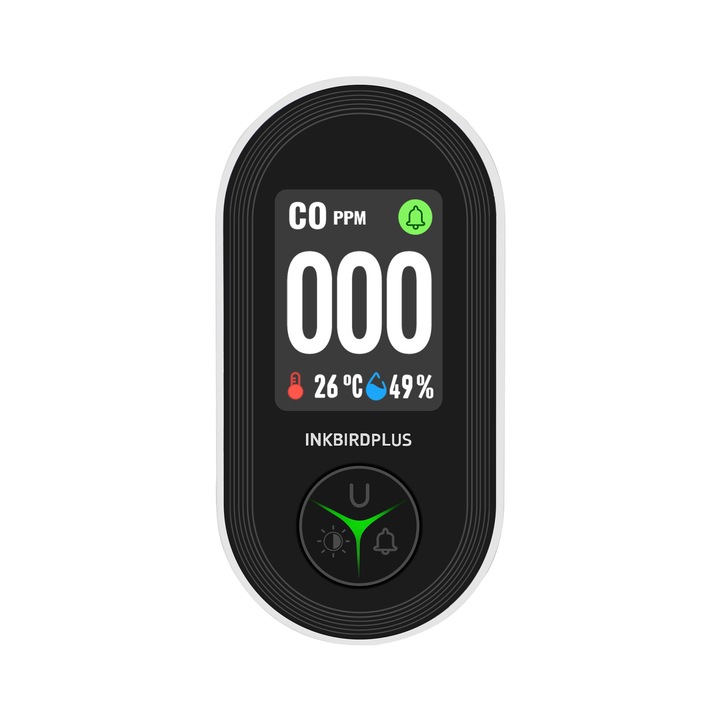 Detector de monoxid de carbon INKBIRD PTH-24D, senzor electrochimic, afisaj HD, negru, 10.6x7.4x5.4cm