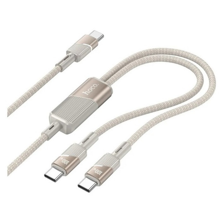 Hoco u139 adatkábel 2in1, type-c - type-c/type-c, 100w, pd gyorstöltő 3.0, 120cm, cipőfűző, arany