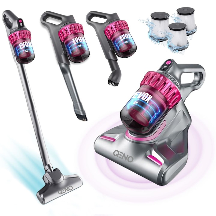 Прахосмукачка против акари Qeno Evox, Безжична, 5в1, Вертикална и ръчна, 100W, UVC светлина, 3x нива на скорост, 3x HEPA филтър, Акумулаторна USB-C батерия 1500mAh, Резервоар 260 мл, +/-30 мин, Без торба, Сив/Розов