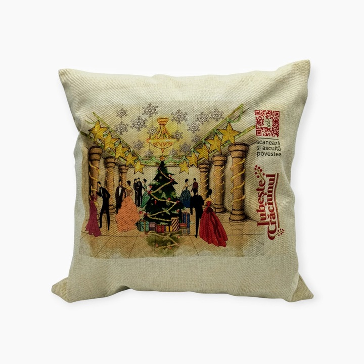 Perna decorativa Iubeste Craciunul (model colectie 9), QR cu poveste audio/video pentru copii de Craciun, 40x40 cm