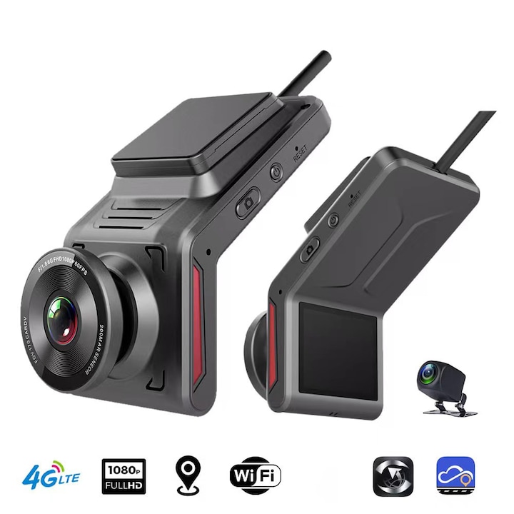 Camera Auto Dubla Fata si Spate, Full HD, K18A, Conexiune 4G Cartela SIM, GPS Logger, Transmisie Live, Monitorizare Parcare, Control din Aplicatie, G-senzor, Inregistrare in bucla, Night Vision, Display LCD 2 inch