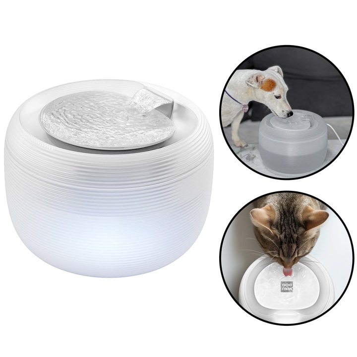 Fantana de baut automata WAUDOG pentru caini si pisici, cu iluminare, 2,5 l, alb, 21x21x15 cm