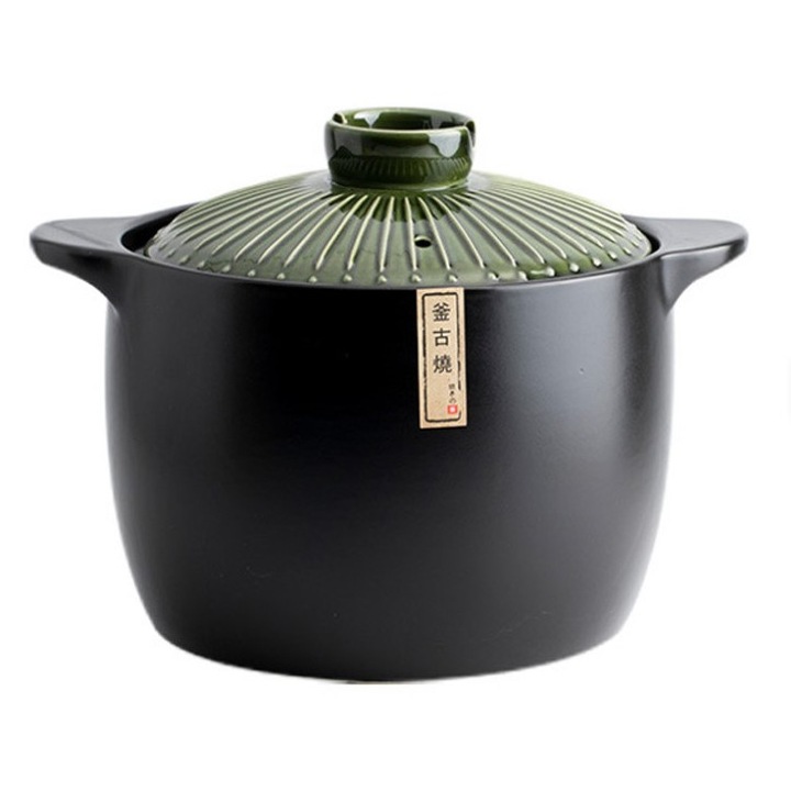 Керамична тенджера с капак, устойчива на висока температура, вместимост 5.5 л, цвят черен, зелен