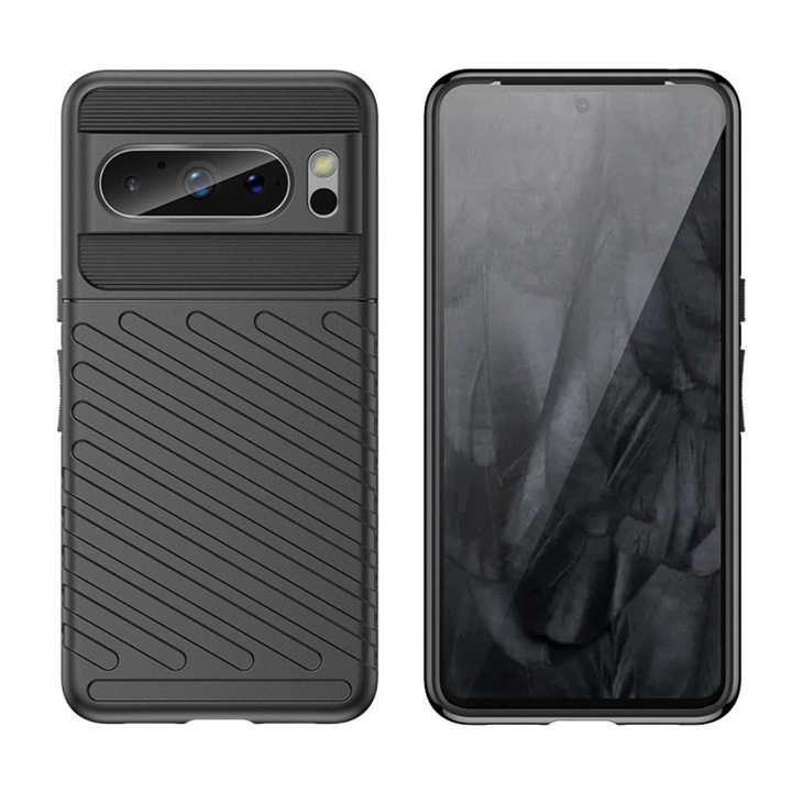 Husa Carbon Design, pentru Pixel 8, rezistenta la socuri, Shield Thunder, Negru