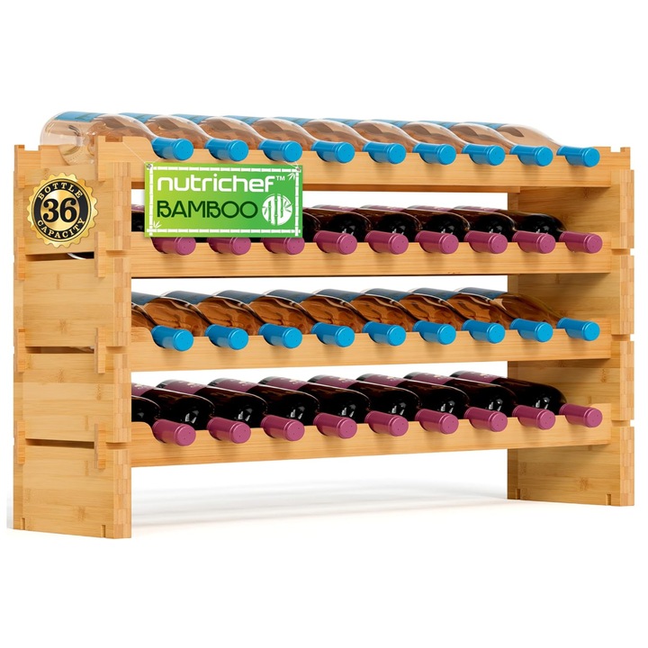 Стелаж за вино, Pyle, бамбук, 36 бутилки, 4 реда, стабилен