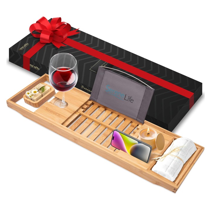 Taca pentru baie, Pyle, bambus, design elegant, montaj simplu, natural