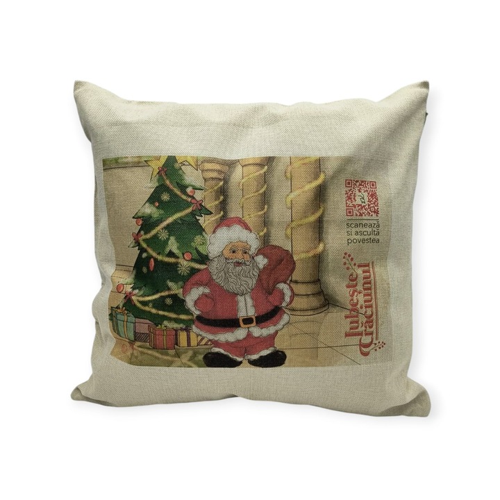 Perna decorativa Iubeste Craciunul (model colectie 14), QR cu poveste audio/video pentru copii de Craciun, 40x40 cm