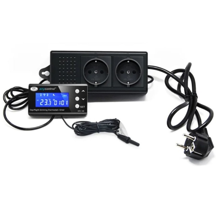 Termostat Ringder DTC-120 cu 2 canale, control temperatura 0-50°C, dimming, 150cm cablu sonde, 100cm cablu alimentare