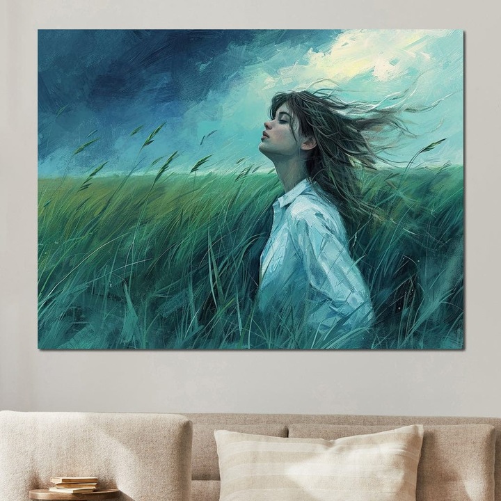 Премиум картина върху платно, LuxCanva® G1201, Танцувайки с небето, 45 X 60 CM, 100% памучно платно 400g/m2, рамка, дърво, дъх, вятър, лице, баланс, вселена, поле, небе, буря, безкрайност, земя, ритъм, природа, нишки, трева, живот, офис, хол, спалня