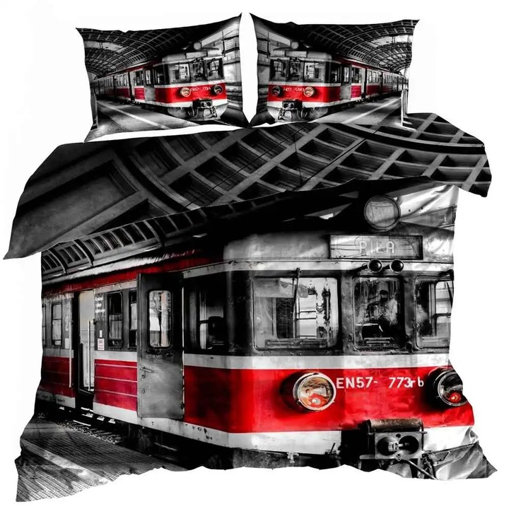 Lenjerie de pat 3D, Galeria Poscieli, model Calatorie cu trenul rosu, 160x200cm, 2x 70x80cm, satin bumbac