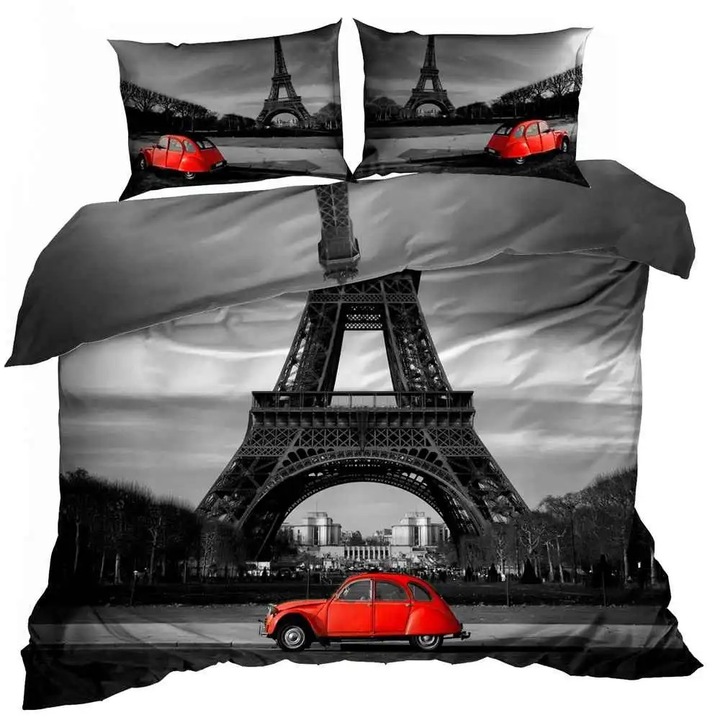 3D ágyneműhuzat, Galeria Poscieli, Eiffel-torony mintás, 160x200cm, 2x 70x80cm, többszínű