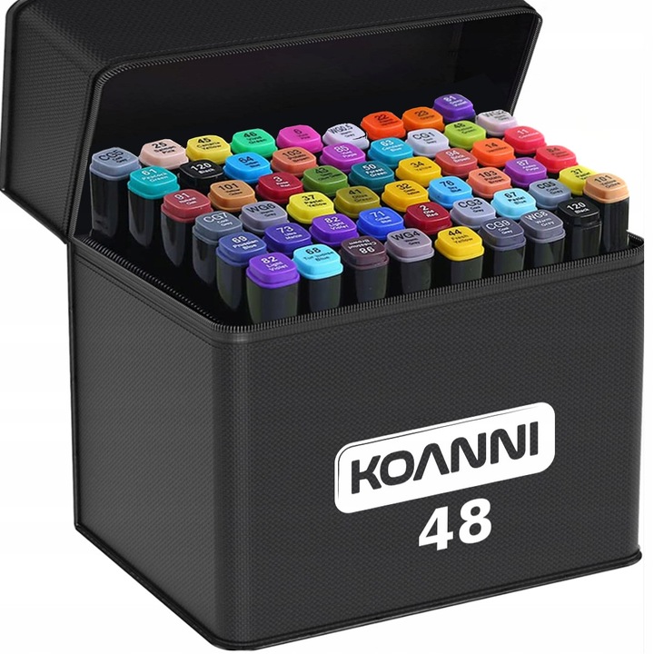Комплект от 48 алкохолни маркера Nela-Styl, двустранни, 3-6 мм/1-2 мм, многоцветни, с включен калъф
