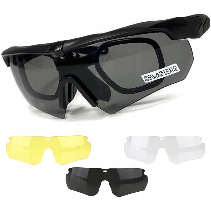 Ochelari tactici polaroid UV 400, 3 lentile interschimbabile, anti-zgariere, anti-aburire, multicolor, 30g