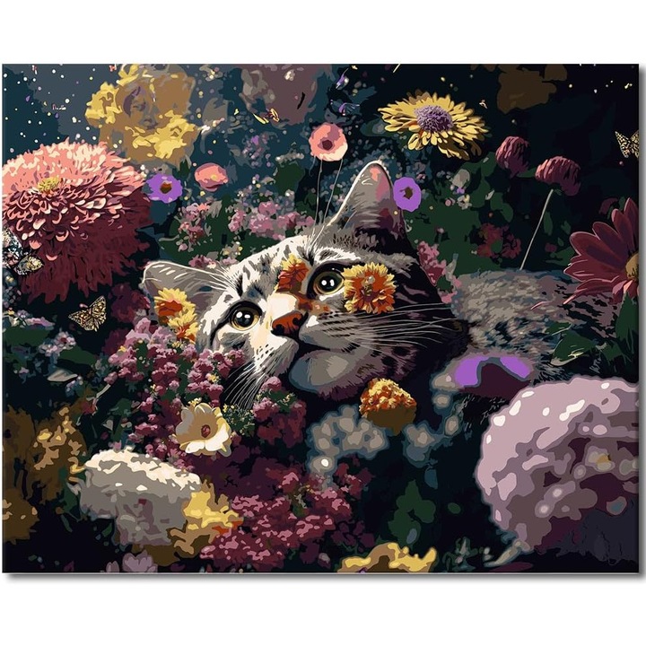 Set de pictura pe numere, Nikcorp, motiv pisica in flori, 16x20cm, 3 pensule, vopsele acrilice