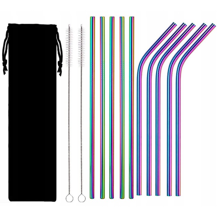 Set 10 paie metalice reutilizabile, 5 drepte si 5 curbate, cu 2 perii de curatare, inox 304L