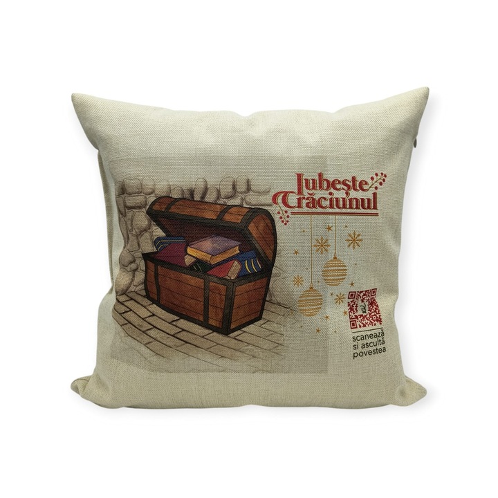 Perna decorativa Iubeste Craciunul (model colectie 18), QR cu poveste audio/video pentru copii de Craciun, 40x40 cm