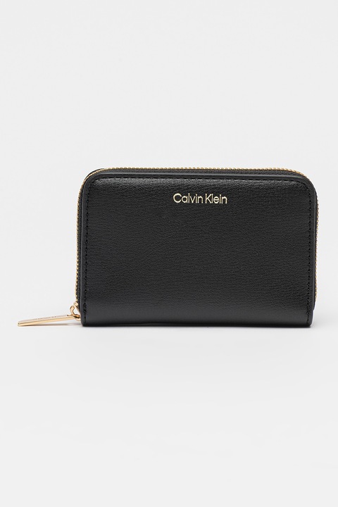 CALVIN KLEIN, Portofel de piele ecologica cu logo si fermoar, Negru