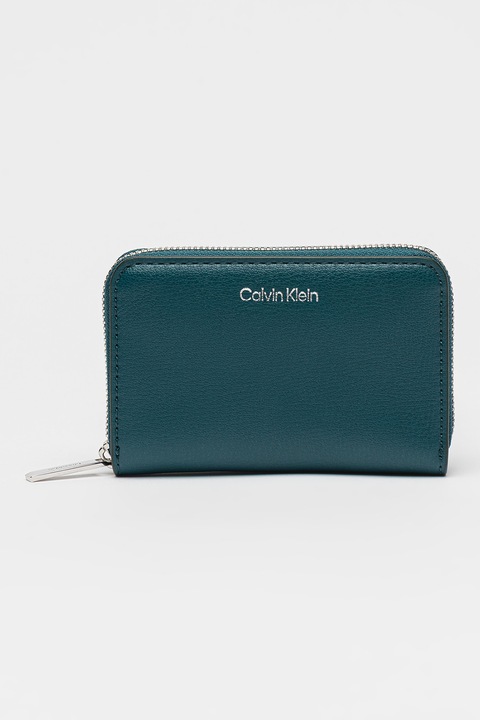 CALVIN KLEIN, Portofel de piele ecologica cu logo si fermoar, Verde marin