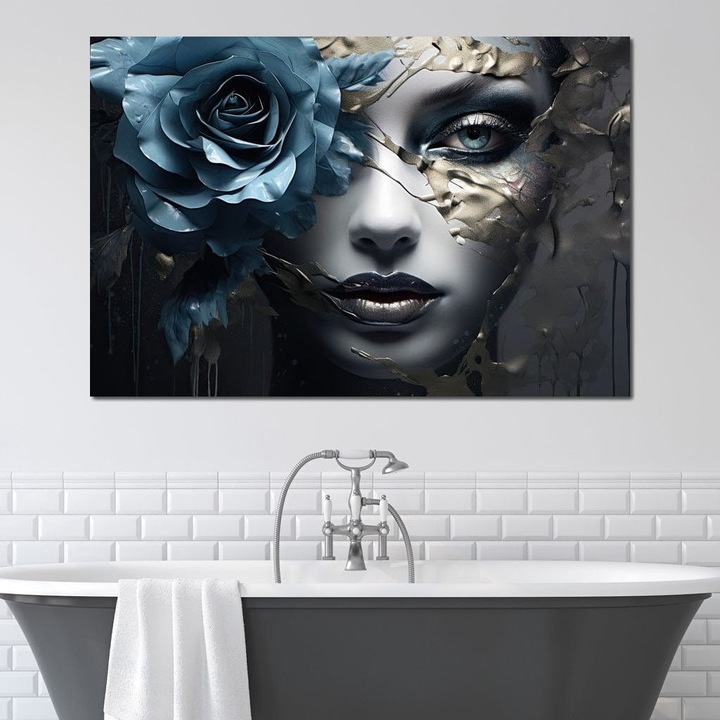 Премиум картина върху платно, LuxCanva® G1202, Лице в реконструкция, 70 X 100 см, 100% памучно платно 400 г/м2, рамка, дърво, белези, злато, синьо, роза, лице, метаморфоза, невъзможно, пукнатина, поезия, емоция, готика, офис, хол, спалня