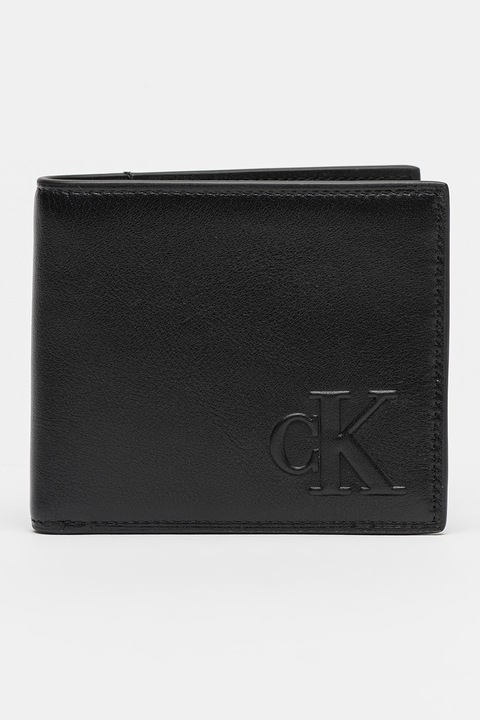 CALVIN KLEIN JEANS, Кожен портфейл с релефно лого, Черен