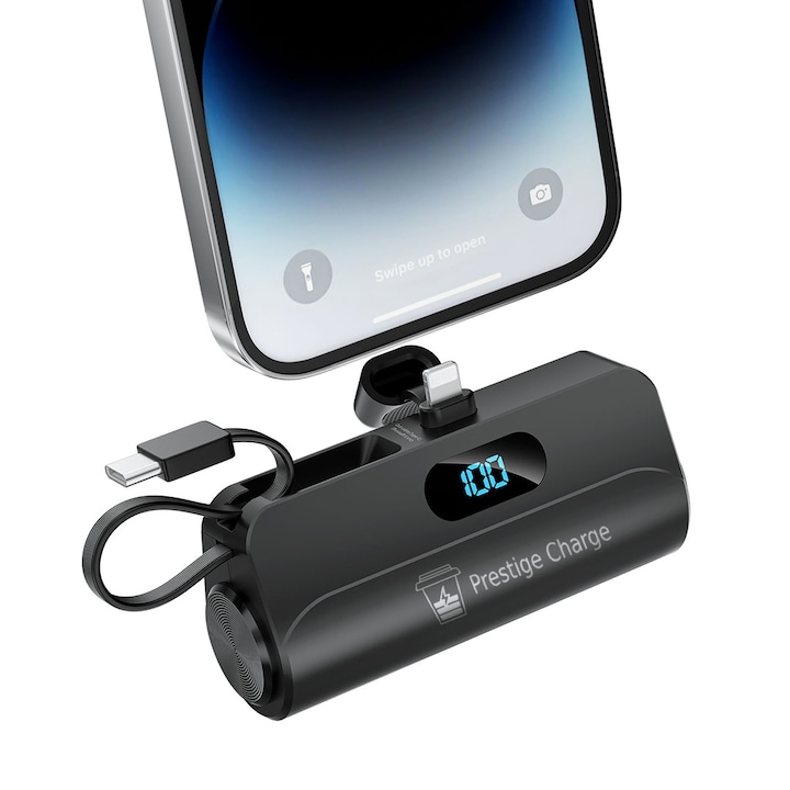 Преносима Външна Батерия PRESTIGE CHARGE®, Ултрапортативна, Мини Power Bank, Фенерче, Вградени Кабели, 5.000 mAh, LED Дисплей, USB Type C Кабел, Lightning Порт, Мощност 12.5W MAX, за Телефон, Слушалки, Samsung, Apple, Android, IOS, за Самолет, Черен