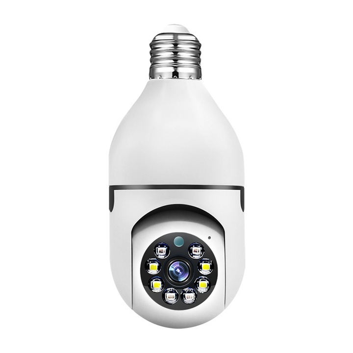 Camera video, 3 megapixeli, vizibilitate nocturna, iluminare cu doua surse de lumina, unghi de vizualizare de 360°, memorie de 32 GB, apeluri video, patrulare la un punct fix