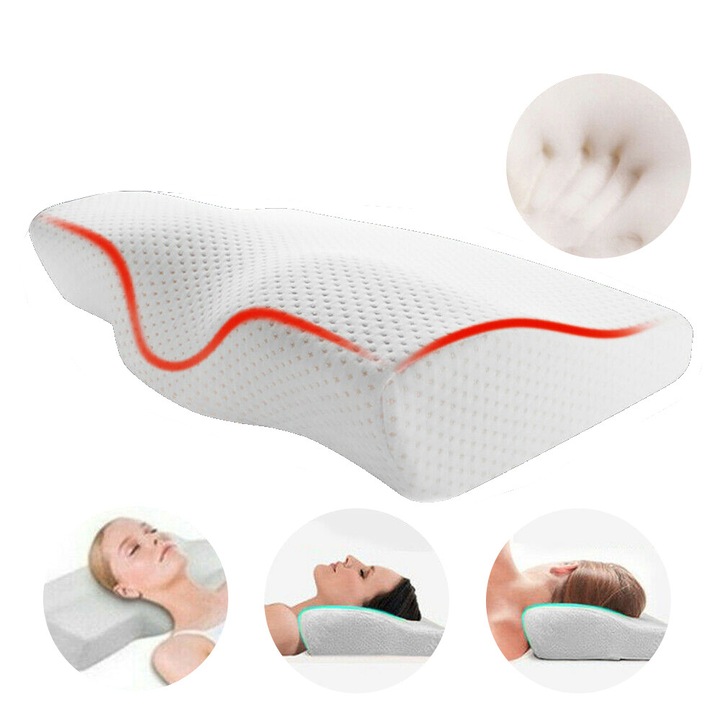 Perna ortopedica pentru dormit, Suness, Perna din spuma cu memorie spatiala, Fluture, ergonomic, revenire lenta, Confortabil, respirabil, sanatos si non-toxic, Husa lavabila, Ideala pentru dormitul lateral, spate sau stomac