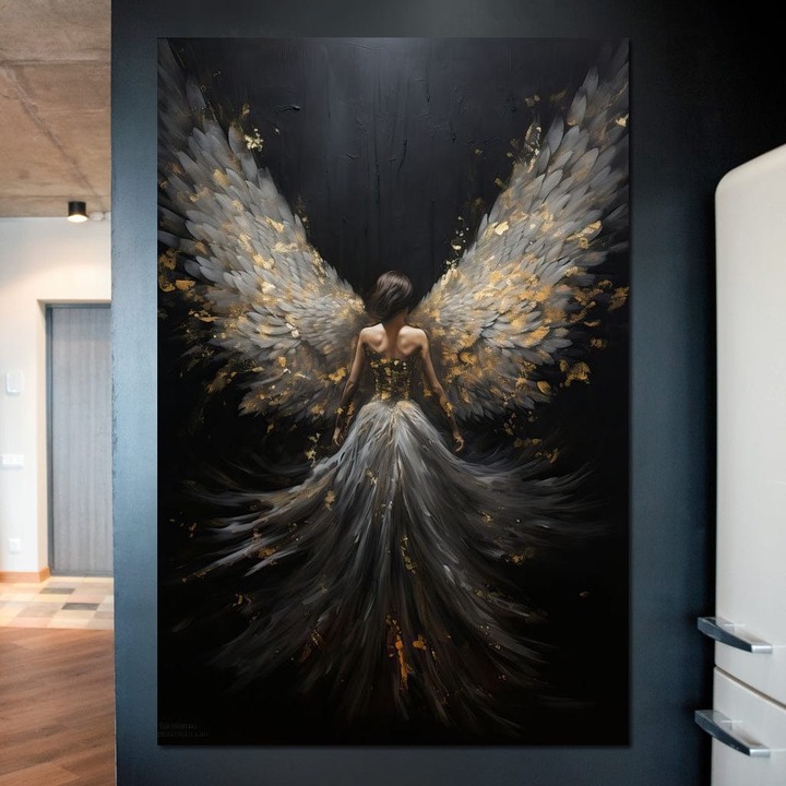 Премиум картина върху платно, LuxCanva® G1203, Криле на вечността, 80 X 120 см, 100% памучно платно 400 г/м2, рамка, дърво, Божествено, Небесно, Раждане, Светлина, Криле, Ангел, Докосване, Ангелски, Трансцендентност, Духовно, Космическо, Офис, Хол, Спалня