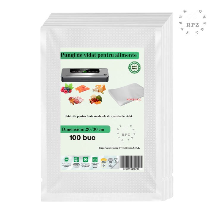 Pungi pentru vidat gofrate RAPAZ, 20 x 30 cm pentru aparat de vidat alimente, 100 bucati, fara BPA, compatibile cu majoritatea aparatelor de vidat, reutilizabile, rezistente, sous vide, lavabile in masina de spalat, transparente