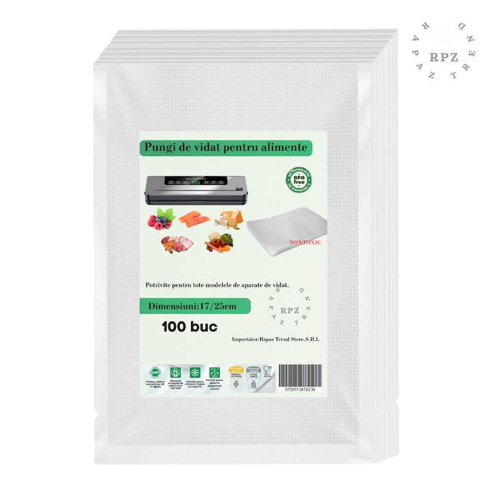 Pungi pentru vidat gofrate RAPAZ, 17 x 25 cm pentru aparat de vidat alimente, 100 bucati, fara BPA, compatibile cu majoritatea aparatelor de vidat, reutilizabile, rezistente, sous vide, lavabile in masina de spalat, transparente