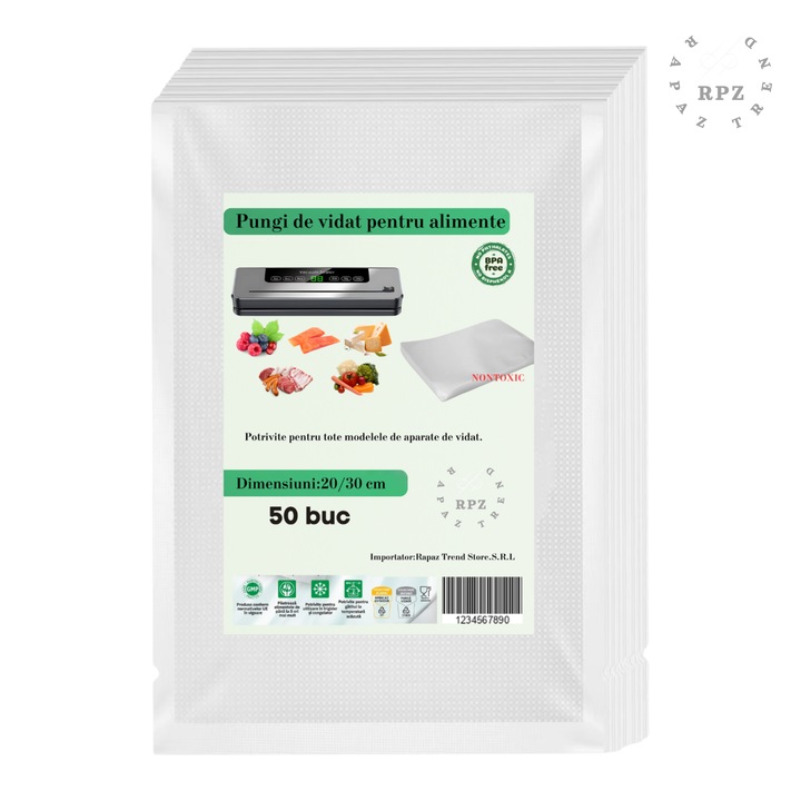 Pungi pentru vidat gofrate RAPAZ, 20 x 30 cm, 90 Microni grosime, 2 straturi, pentru vidat alimente, 50 bucati, fara BPA, compatibile cu majoritatea aparatelor de vidat, reutilizabile, rezistente, sous vide, lavabile in masina de spalat, transparente