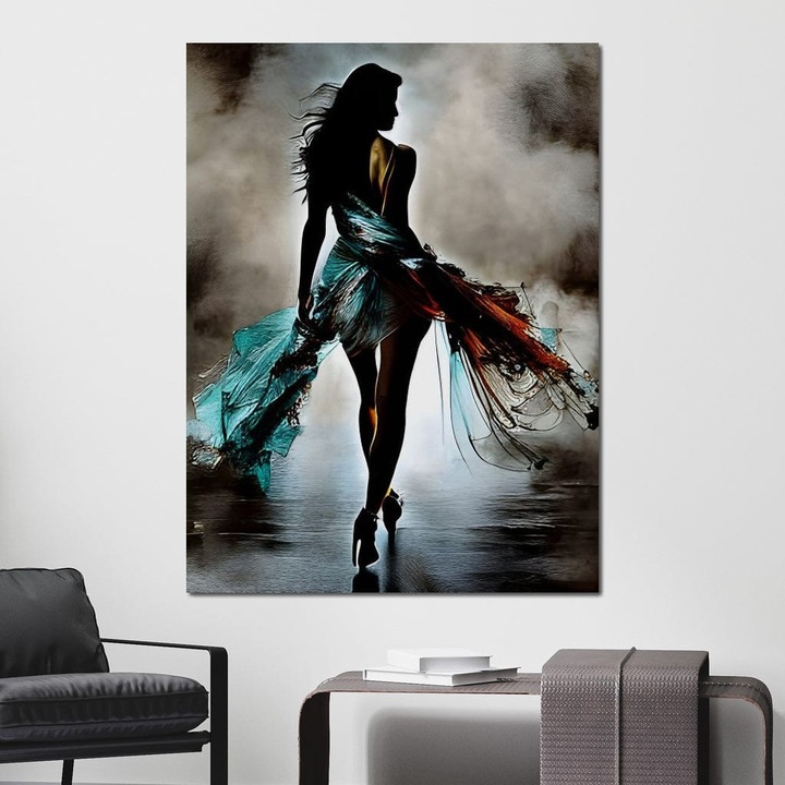 Премиум картина върху платно, LuxCanva® G1205, Стъпала над огледалото, 45 X 60 см, 100% памучно платно 400 г/м2, Шаси, Дърво, Силует, Подиум, Мода, Манекен, Като в съня, Рокля, Воал, Флуидност, Отражения, Живописно, Стъпала, Токчета, Офис, Хол, Спалня