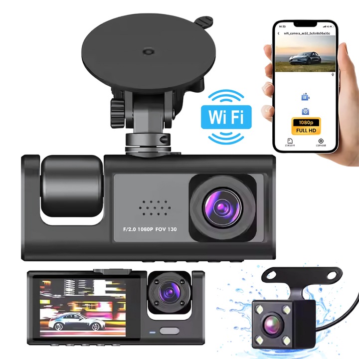Tripla FullHD autókamera, 3 kamera - elöl/hátul/belső, 2"-os képernyő, G-szenzor, WiFi-vel