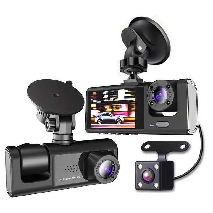 Camera auto tripla FullHD, 3 camere-fata/spate/interior, ecran 2'', G Senzor, Fara WiFi