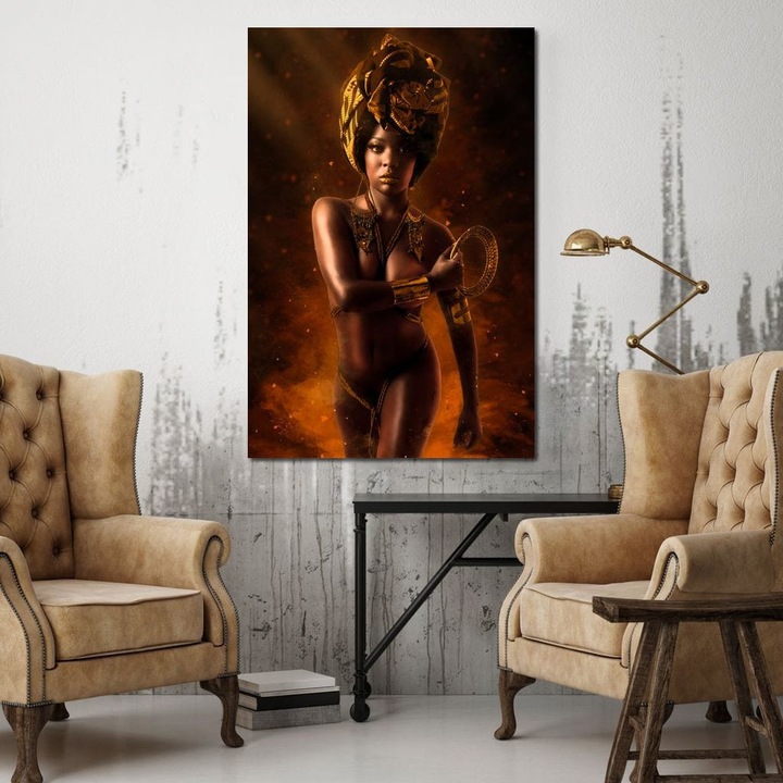 Картина върху платно LuxCanva G1206, Вечно божество, Рамка, Огън, Ритуал, Сила, Свещено, Култура, Церемония, 100% памучно платно 400 г/м2, 100 X 150 см, Златист