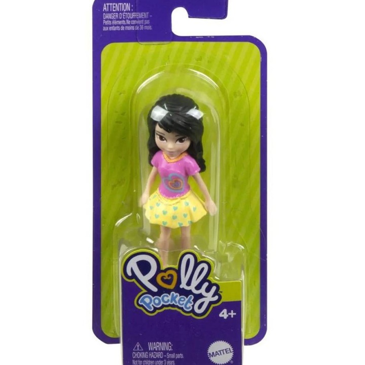 Papusa Polly Pocket, Mattel, cu par negru, tinuta moderna, multicolor, 10 cm