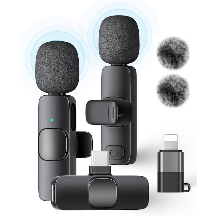 Omelivon®, Pachet de 2 microfoane wireless Lavalier pentru iPhone, iPad si telefon Android, microfon de rever, microfon wireless Plug and Play, reducere a zgomotului, mini microfon pentru inregistrare video, interviu, podcast, vlog, YouTube, Tiktok