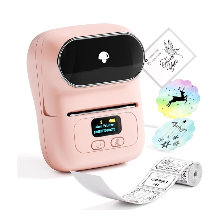 Imprimantă termică portabilă Phomemo, conectivitate Bluetooth, livrată cu 1 rolă etichete 40x30mm, Roz